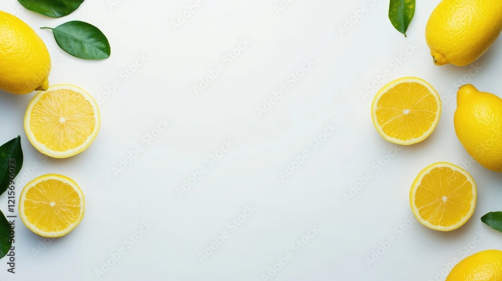 Poster fresh lemons arranged with green leaves on a light background with ample copy space for text or desi