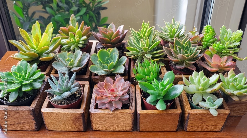 Poster assorted succulent plants in wooden pots on a table by window with natural light and greenery in bac