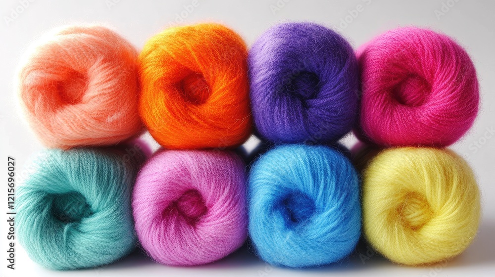 Poster colorful cotton yarn balls arranged in three rows on a white background with copy space for text pla