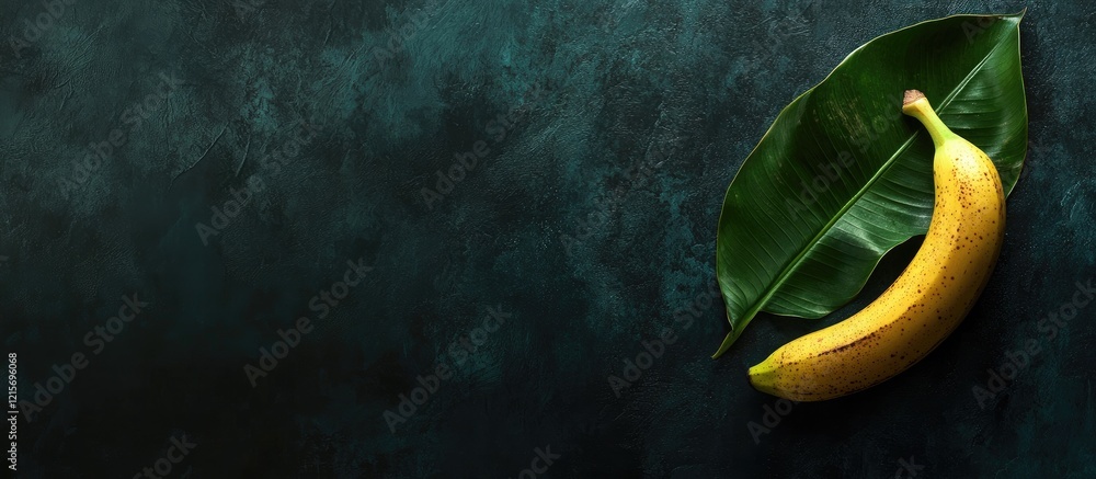 Poster a single ripe banana on a dark textured surface with a green leaf creating a contrasting backdrop co