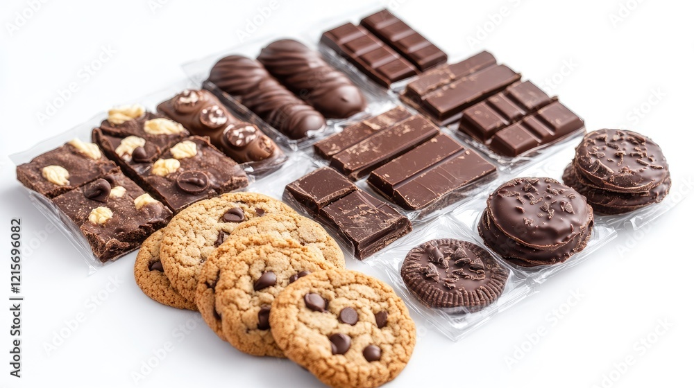 Poster assorted chocolate bars and cookies on a white background with copy space for text placement.