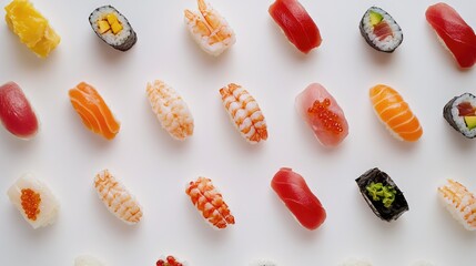 Sushi assortment on white background including nigiri and maki with various seafood toppings Copy Space