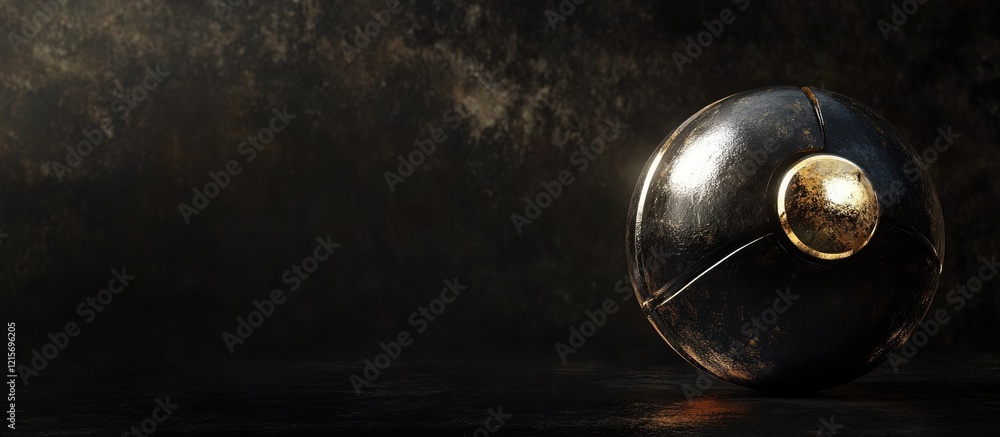 Poster black and gold spherical object on dark textured background with copy space for text placement