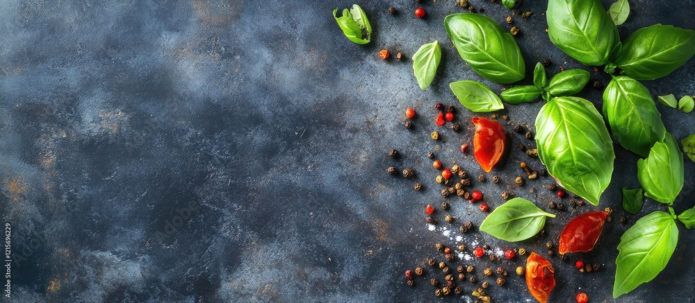 Poster fresh herbs and assorted spices on a dark textured background with copy space for text placement