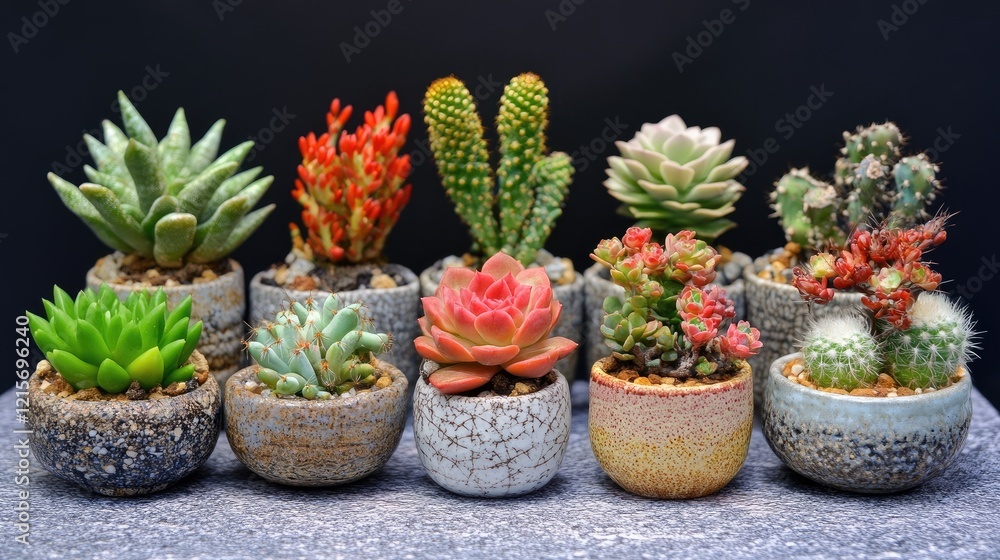 Poster Assorted succulent plants in decorative pots arranged on a textured surface with dark background and copy space.