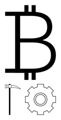 Bitcoin B symbol paired with a pickaxe and gear, symbolizing cryptocurrency mining, blockchain, finance, and digital innovation. Ideal for fintech, decentralized systems, tech, abstract line flat