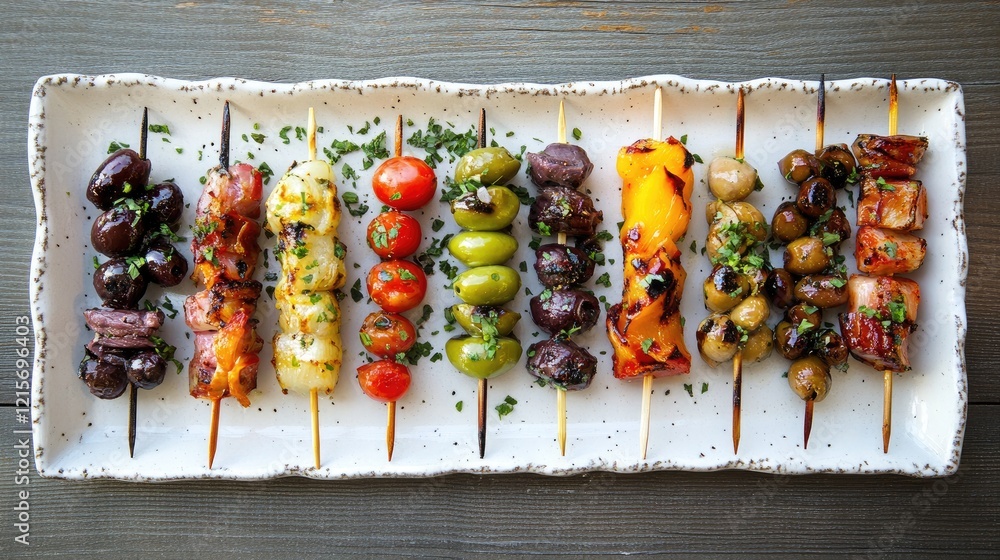 Poster grilled skewers with assorted vegetables and olives displayed on a rustic plate with fresh herbs and