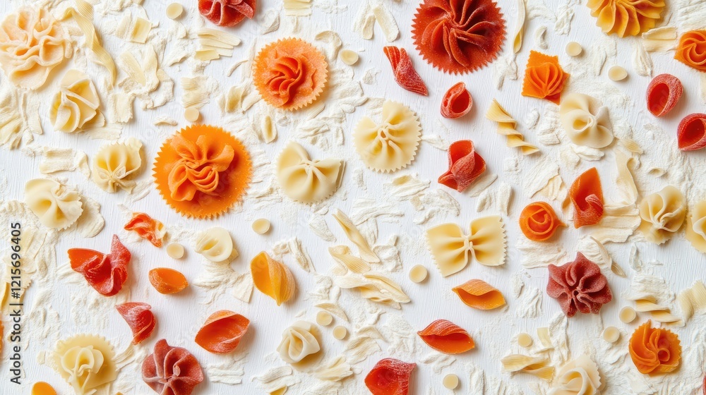Poster colorful assorted pasta varieties arranged on a white background with copy space for text placement