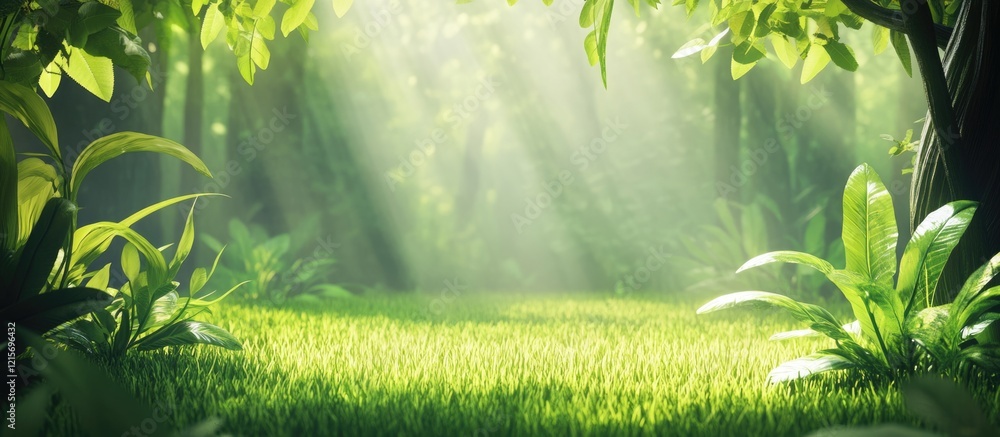Aufkleber lush green forest landscape with sunlight filtering through trees and vibrant foliage with copy spac