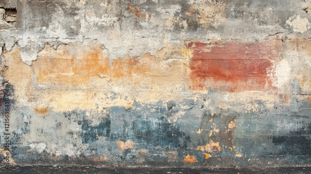 Poster weathered textured wall with peeling paint in various colors and patterns copy space