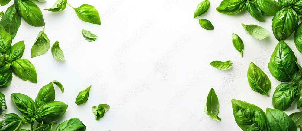 Poster fresh green basil leaves arranged on a clean white background with ample copy space for text placeme