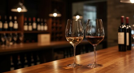 Wine bar, wooden counter, wine glasses, wine bottles, soft lighting, cozy atmosphere, warm tones, rustic decor, wine tasting, vintage ambiance, intimate setting, wine cellar, pendant lights, sophistic
