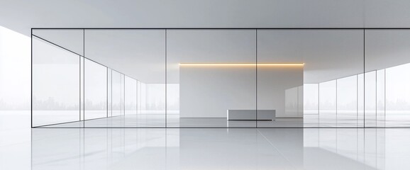 Modern minimalist office interior with glass walls, white walls, and a sleek reception desk.