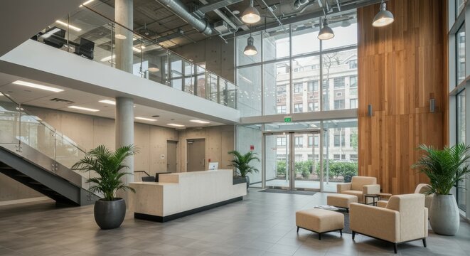 Modern office lobby, sleek reception desk, floor-to-ceiling windows, natural light, minimalist furniture, potted plants, industrial ceiling, polished concrete floor, wooden accent wall, open mezzanine