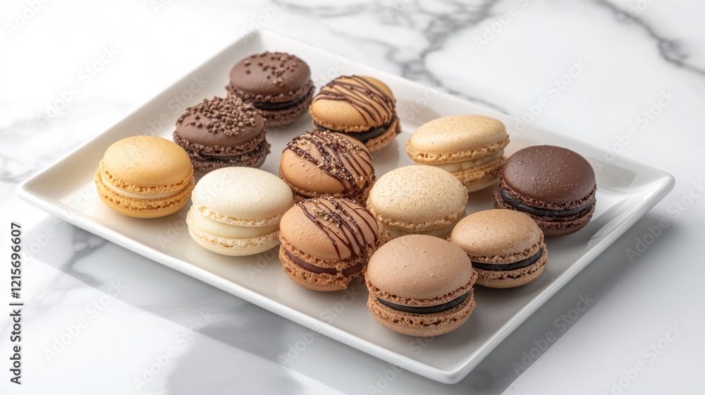 Poster assorted macarons on a rectangular plate arranged on a marble surface with copy space for text