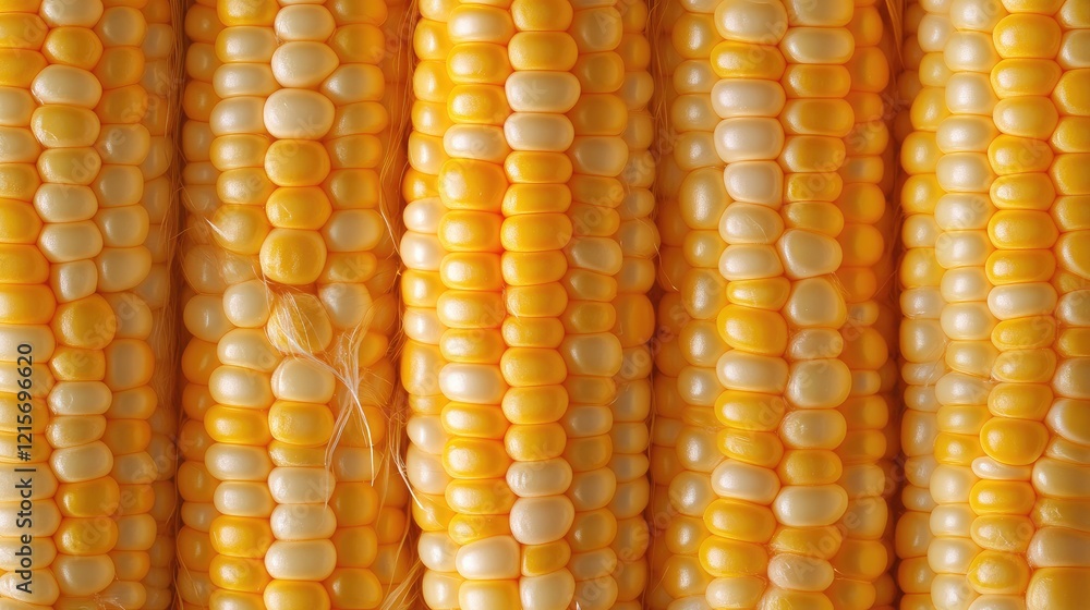 Poster close-up of fresh golden corn kernels stacked vertically with detailed texture and bright colors cop