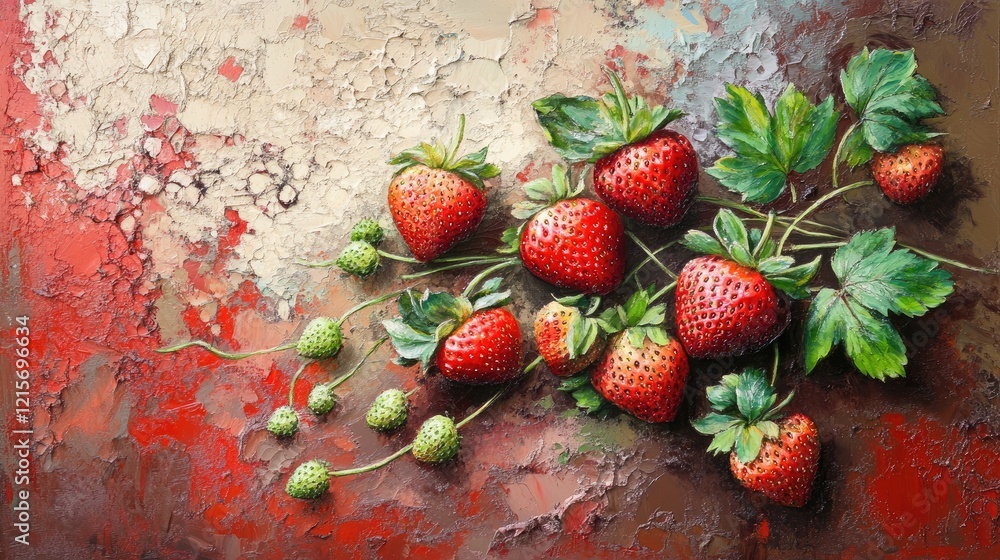 Aufkleber ripe strawberries with green leaves on textured background with copy space for text use