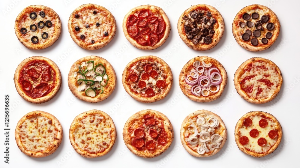 Poster variety of pizza types displayed on white background with copy space for text