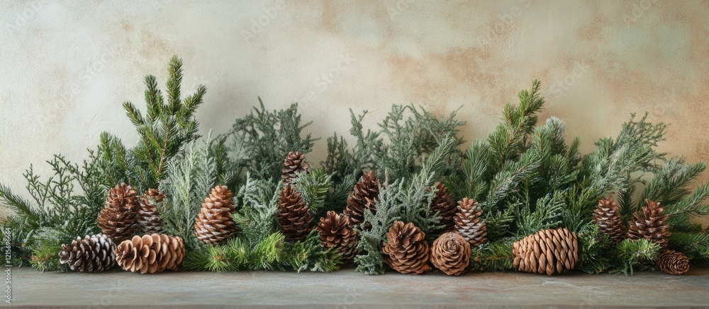 Poster pinecones and evergreen branches arranged on a rustic wooden surface with soft focus background and 
