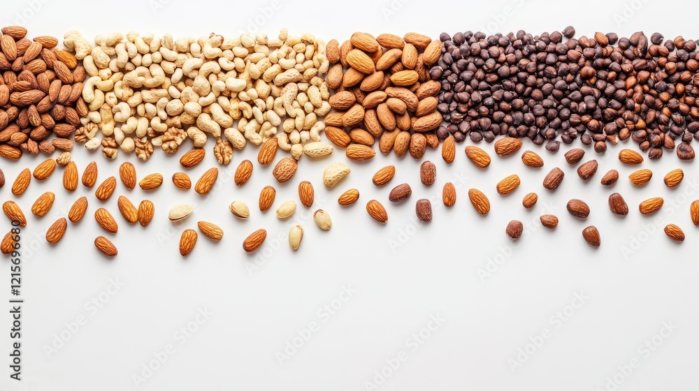 Poster assorted nuts and seeds arranged in rows with scattered pieces on white background copy space