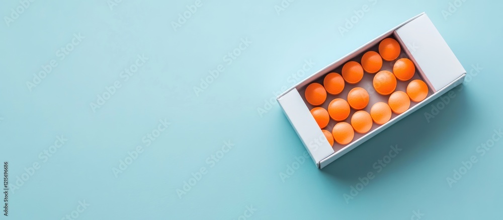 Poster orange ping pong balls in a white box on a turquoise background with ample copy space for text place