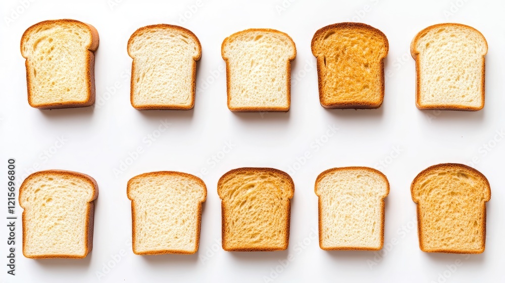 Poster assorted slices of bread in two rows displayed on white background with copy space for text