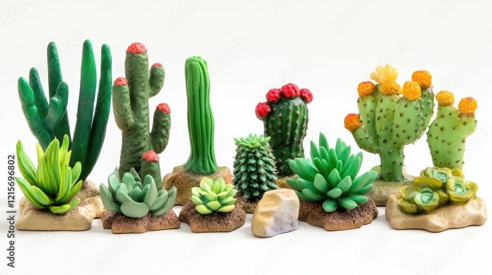 Aufkleber colorful collection of decorative artificial cacti and succulents arranged on a light background wit