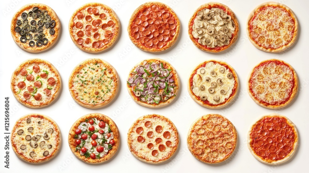 Aufkleber variety of pizza types displayed on a plain background copy space available