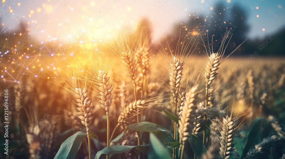 Poster wheat field at sunset with bokeh effect and copy space for text placement