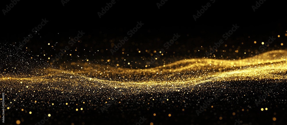 Poster golden particles flowing in waves on a dark background with copy space for text or design elements