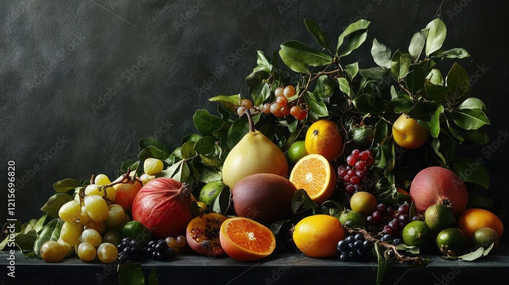 Poster assorted fresh fruits with green leaves on a dark background arranged artistically with copy space f