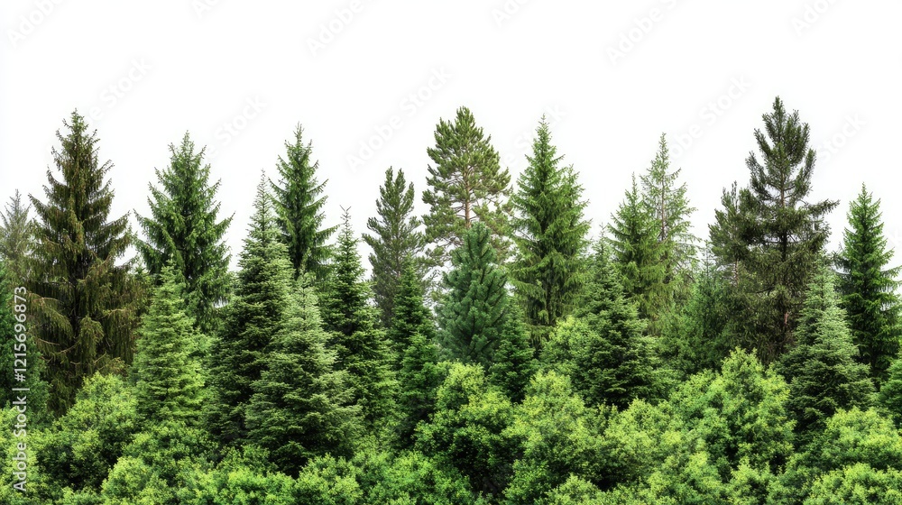 Aufkleber dense green coniferous forest with various tree types and species against a white background with co