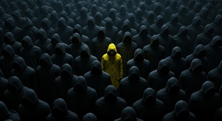 Obraz premium Yellow figure standing out, sea of identical black figures, contrast, individuality, uniqueness, leadership, dark background, monochromatic crowd, vibrant yellow, spotlight effect, conformity vs. nonc
