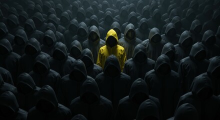 Obraz premium Yellow figure standing out, sea of identical black figures, contrast, individuality, uniqueness, leadership, dark background, monochromatic crowd, vibrant yellow, spotlight effect, conformity vs. nonc
