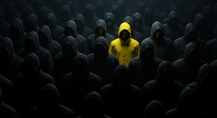 Obraz premium Yellow figure standing out, sea of identical black figures, contrast, individuality, uniqueness, leadership, dark background, monochromatic crowd, vibrant yellow, spotlight effect, conformity vs. nonc