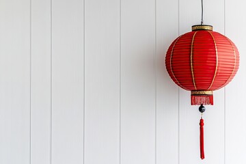 Obraz premium Red Chinese Lantern Hanging Against White Wall