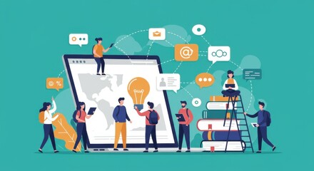 online education, digital learning platform, laptop computer, tiny people, graduation cap, light bulb, speech bubbles, gears, books, cloud computing, e-learning concept, flat design illustration, teal