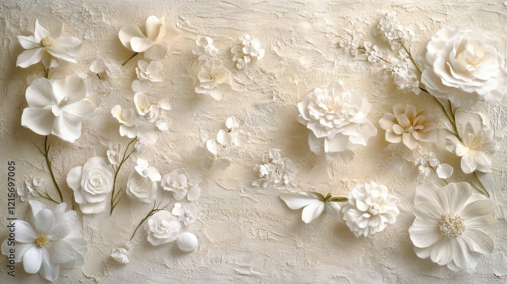 Poster white floral arrangement on textured background with light colors and copy space for text placement.