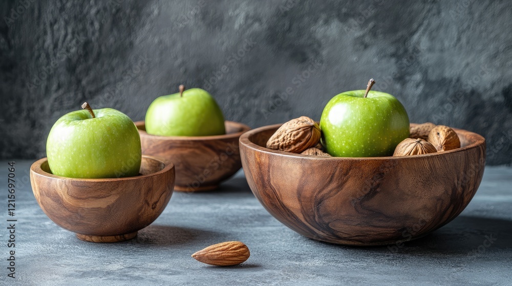 Poster green apples and mixed nuts in wooden bowls with textured gray background and copy space for text.