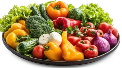 Colorful assortment of fresh vegetables including tomatoes, peppers, cucumbers, broccoli, and lettuce on a black platter with Copy Space.