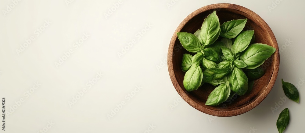 Poster fresh basil leaves in a wooden bowl on a light background with copy space for text insertion