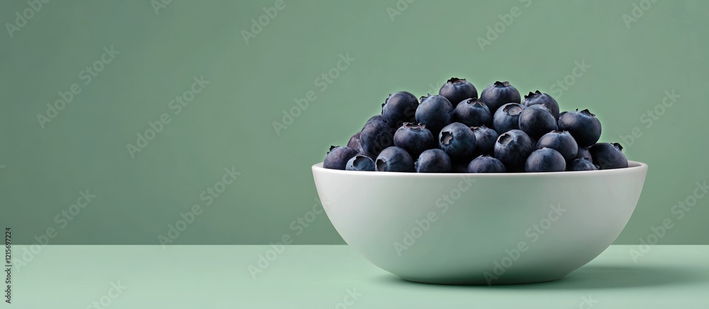 Poster fresh blueberries in a white bowl on a green background with ample copy space for text placement