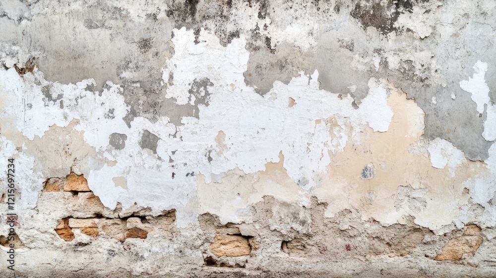 Poster peeling white plaster wall with exposed brick and rough texture suitable for background or design us