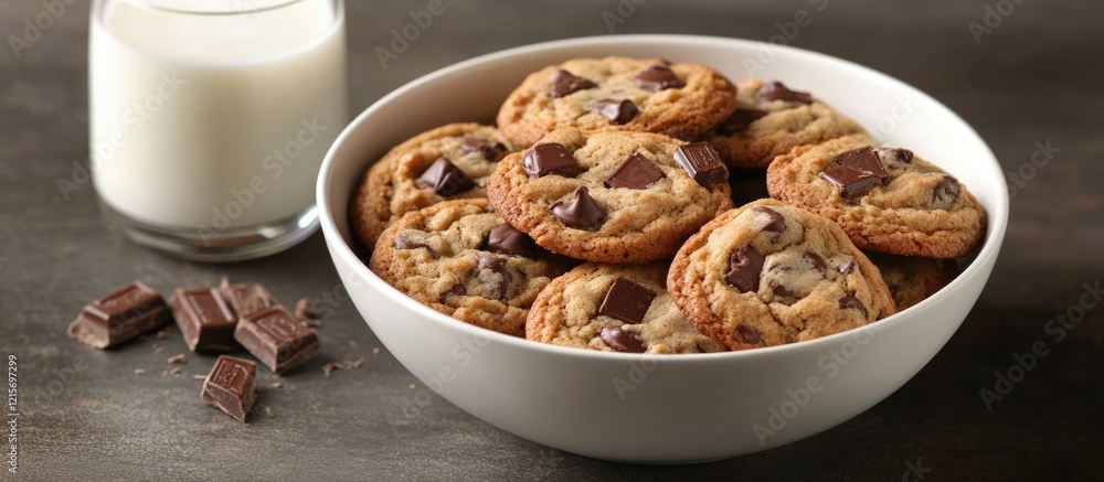 Poster cookies with chocolate chunks in a white bowl next to a glass of milk on a dark surface with copy sp