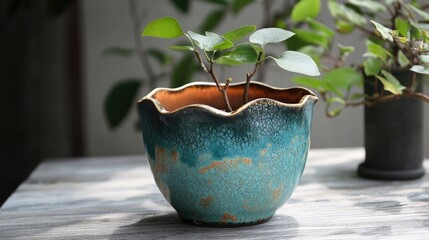 Ceramic flower pot with scalloped edge displaying green leaves against a blurred background with copy space for text