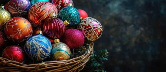 Colorful Christmas ornaments in a wicker basket on dark background with Copy Space for holiday-themed text or design.