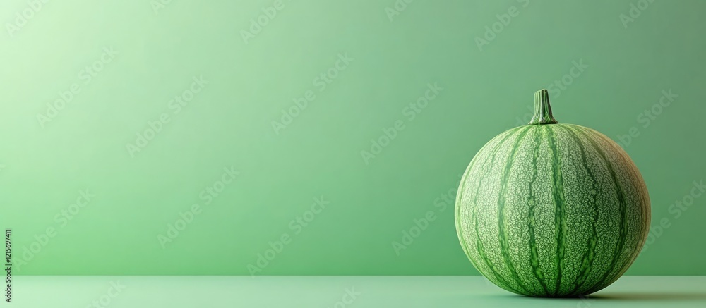 Poster green watermelon with striped texture on solid color background with copy space for text.