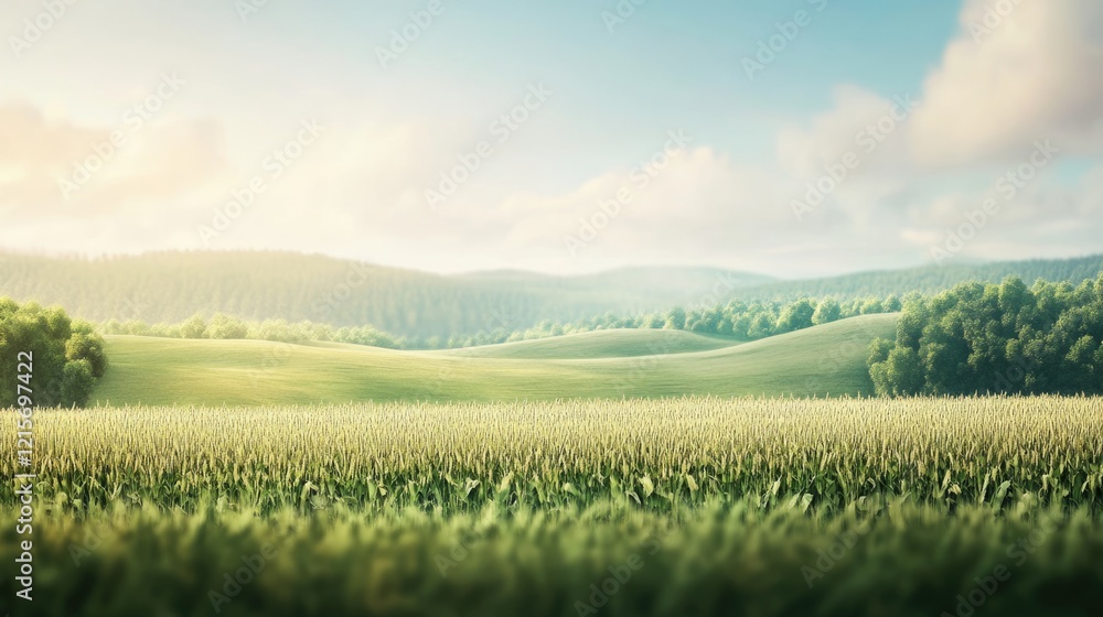 Poster lush green landscape with rolling hills under a clear sky and soft clouds featuring copy space for t