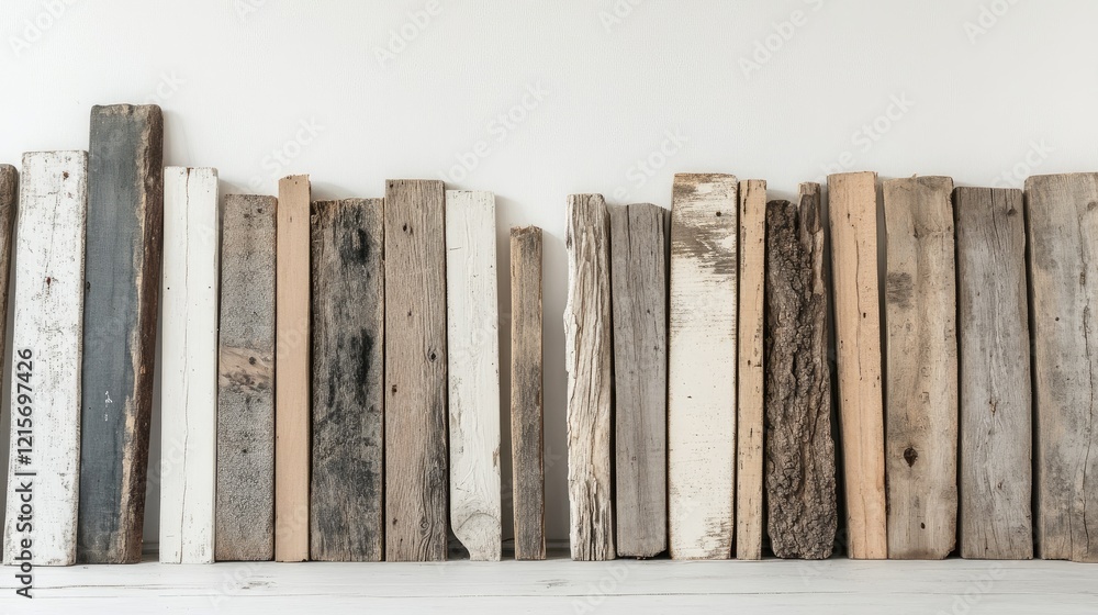Aufkleber collection of various rustic wooden planks against a neutral background with copy space for text pla