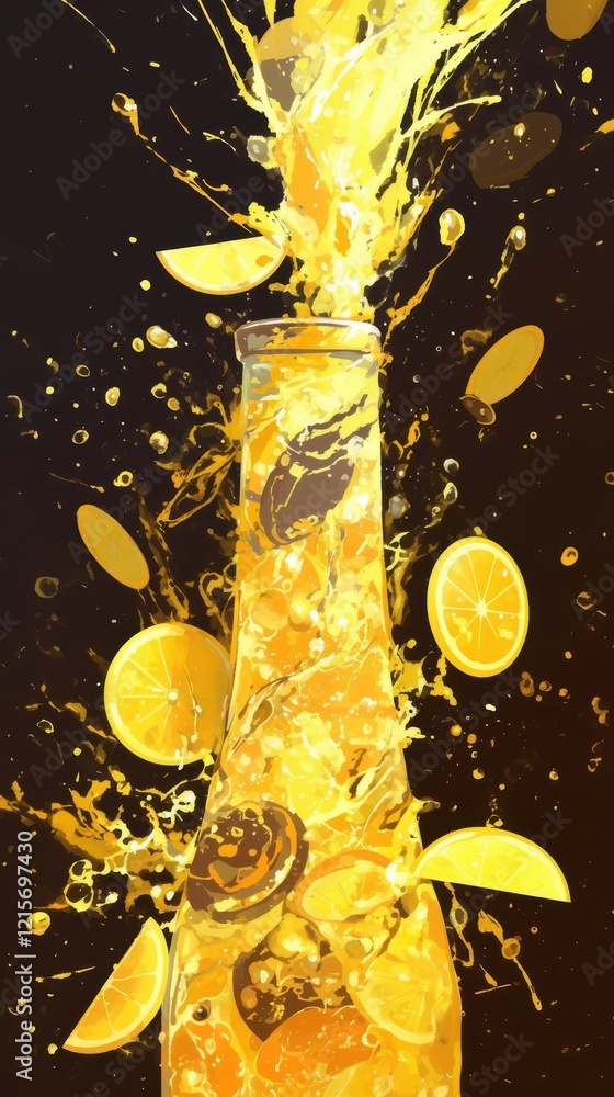 Poster yellow liquid exploding from bottle with lemon slices